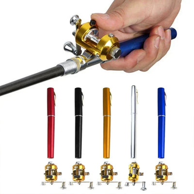 Compact portable pocket fishing rod with mini baitcasting reel in multiple colors for easy transport and fishing anywhere