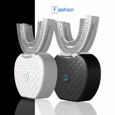 Two automatic electric toothbrushes in white and black with U-shaped brush heads and power buttons on textured ergonomic handles