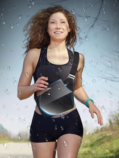 Woman wearing black anti-theft travel bag crossbody outdoors running in sporty outfit