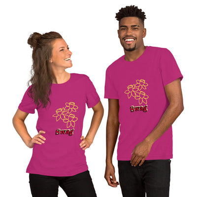 Unisex magenta t-shirt with yellow floral design and "Swag" text, worn by male and female models