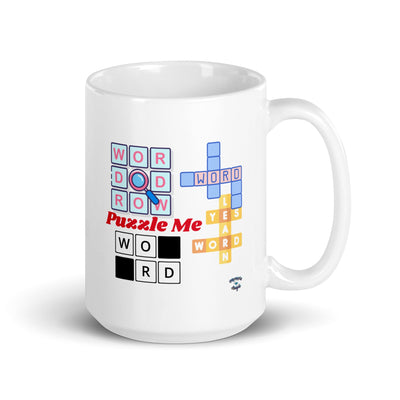 White glossy ceramic mug with colorful word puzzle design and Puzzle Me text, microwave and dishwasher safe
